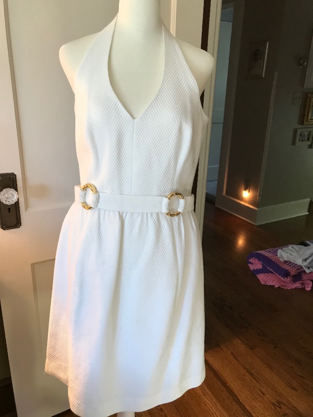 David Meister 100% White  Cotton Pique Halter Dress Sz 10